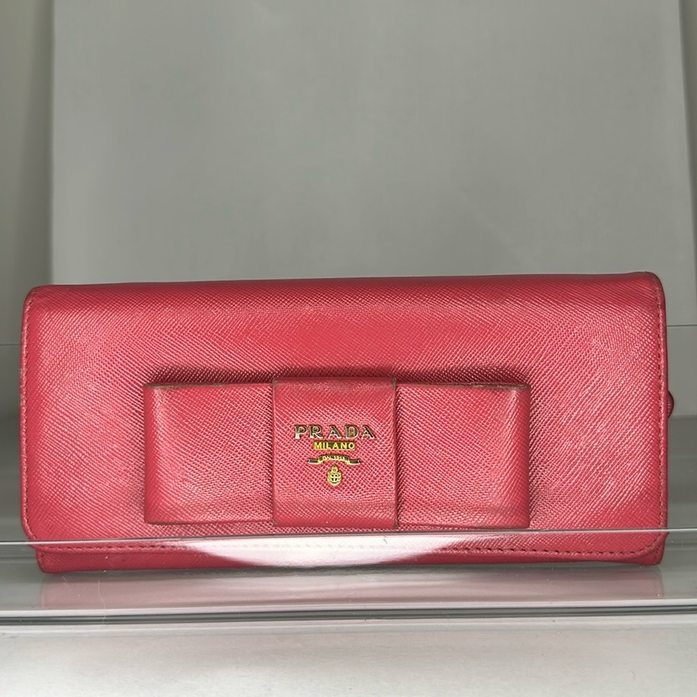 20 PRADA Milano Pink Fiocco Ribbon Saffiano Leather Long Wallet Coin Case Purse